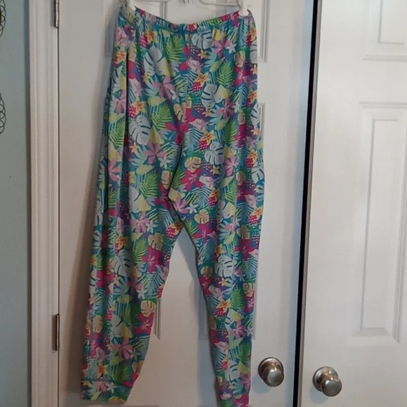 Secret Treasures Vibrant Leaf Print Pajama Set - Pink, Green, Blue - Picture 3 of 5